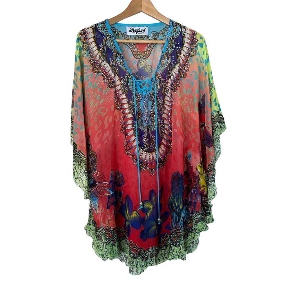 MEGHAN LOS ANGELES Silk Rhinestone Butterfly Poncho Tunic Top‎ - Picture 3 of 12